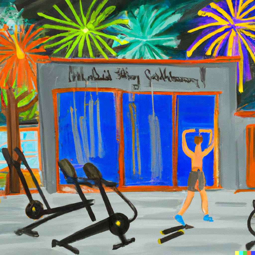 Promt: “A digital art drawing of going to the gym on the new year's eve with fireworks in the background”