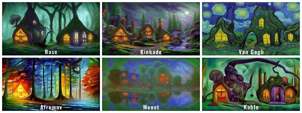 A collage of AI-generated images of fantasy cottages painted in the style of different artists