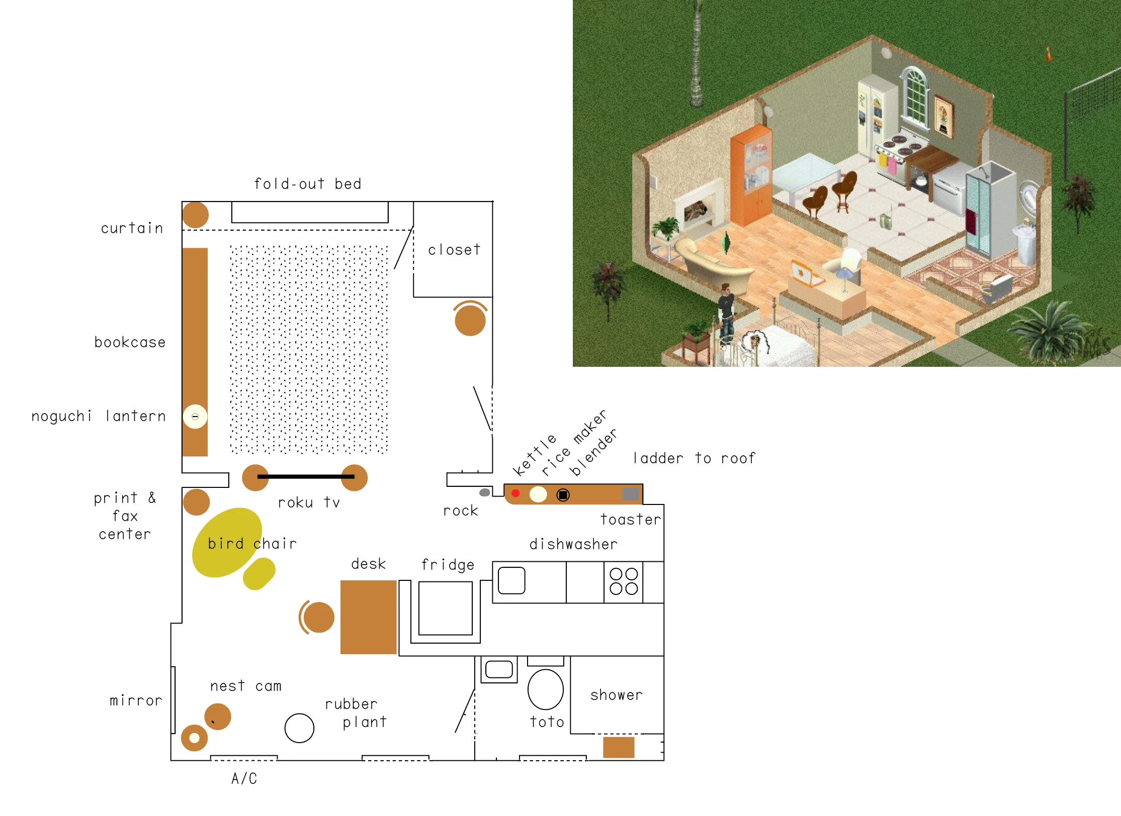 On the left, a blueprint of an apartment, with labels pointing out things including rice maker, bird chair, print and fax center, noguchi lantern, fold-out bed. on the right, an isometric 3d model of a room from the videogame Sims