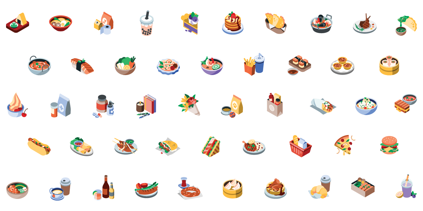 Rows of illustrated icons for Uber Eats by Sylvia