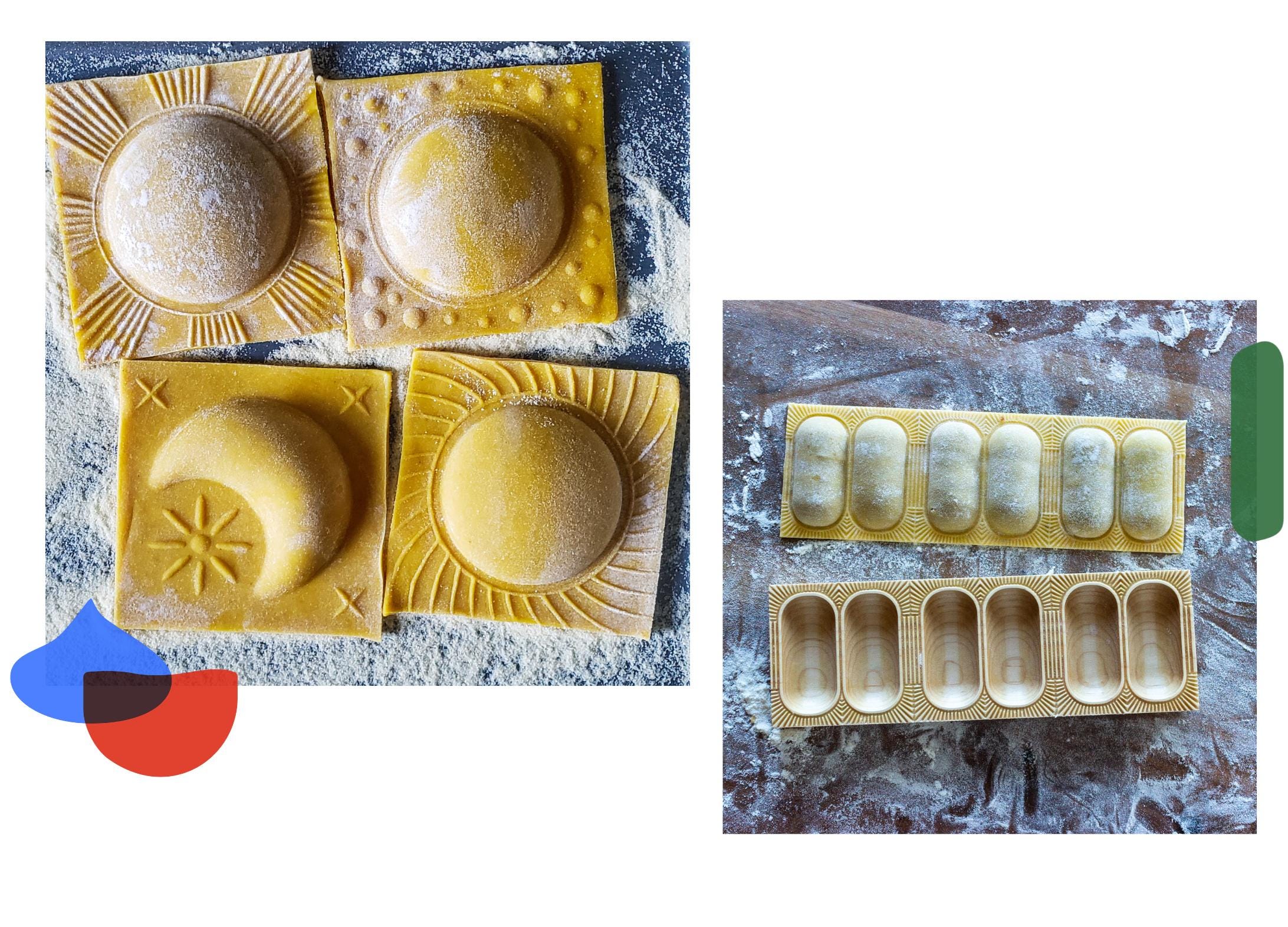 two photos side by side of molded pasta sitting on a flour-dusted table