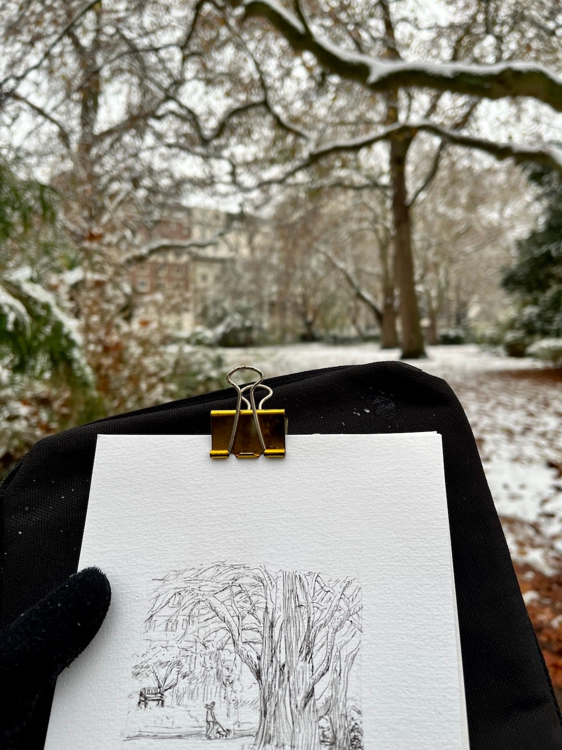 Image: Line drawing of a snowy, wintry scene at a park in London. The trees are seen in the middle ground and foreground, with their branches covered in snow. In the background, a man wearing a winter jacket is walking his dog.