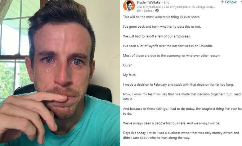 Online marketing CEO Braden Wallake posts crying selfie announcing layoffs