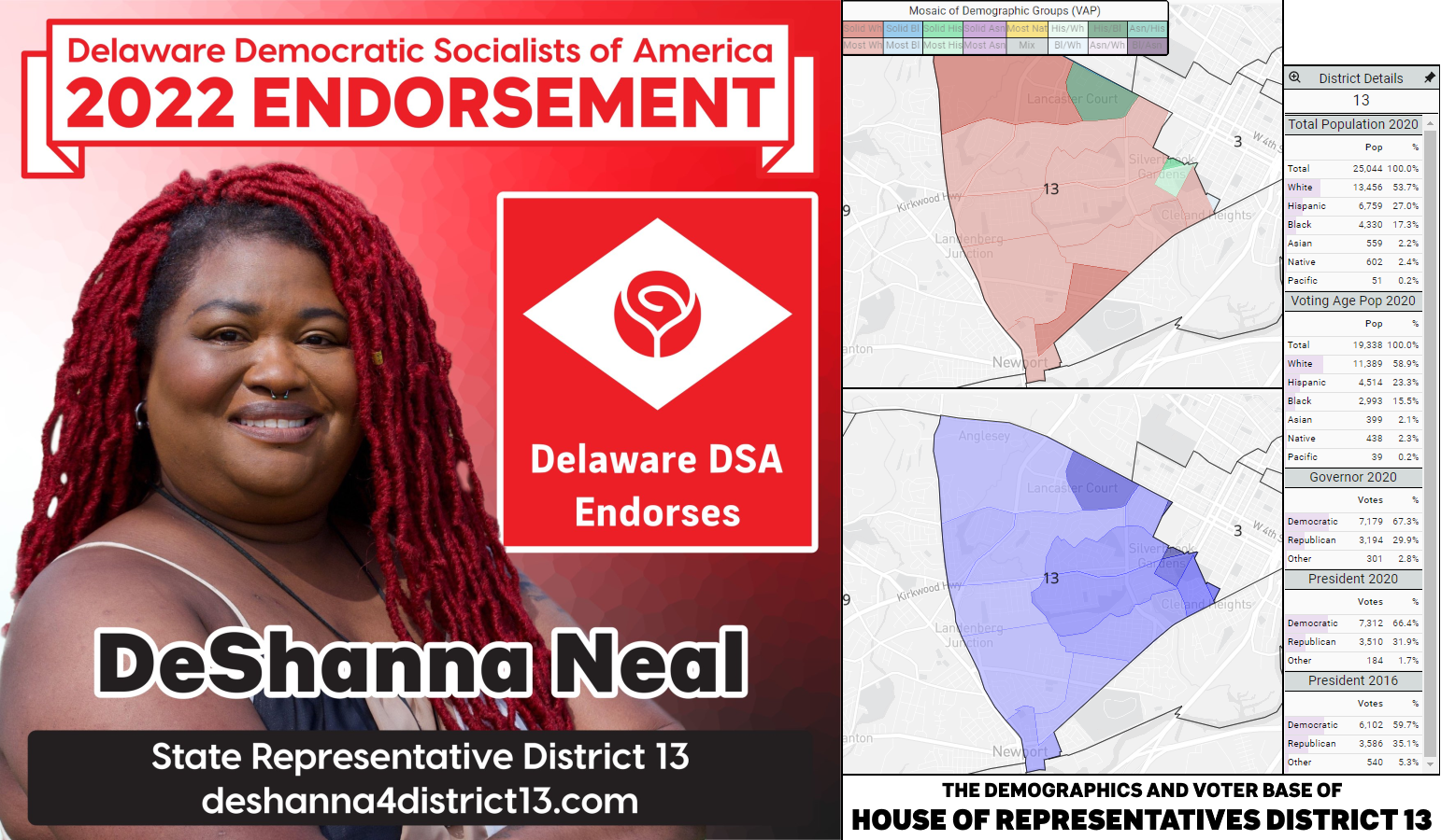 DeShanna Neal's endorsement graphic (she/they; left) and a graphic of the demographics and voting base of House District 13 (right).