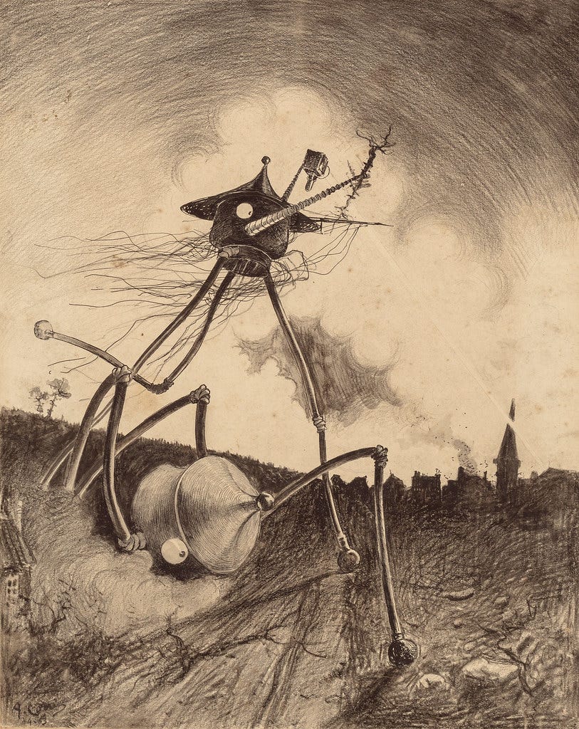 HENRIQUE ALVIM CORRÊA - Martians on the Move, from The War of the Worlds, Belgium edition, 1906 (illustration is featured in Book I- The Coming of the Martians, Chapter XII- "What I Saw of the Destruction of Weybridge and Shepperton,")