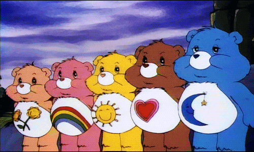 gif animado dos ursinhos carinhosos enviando um arco íris com muito brilho para cima