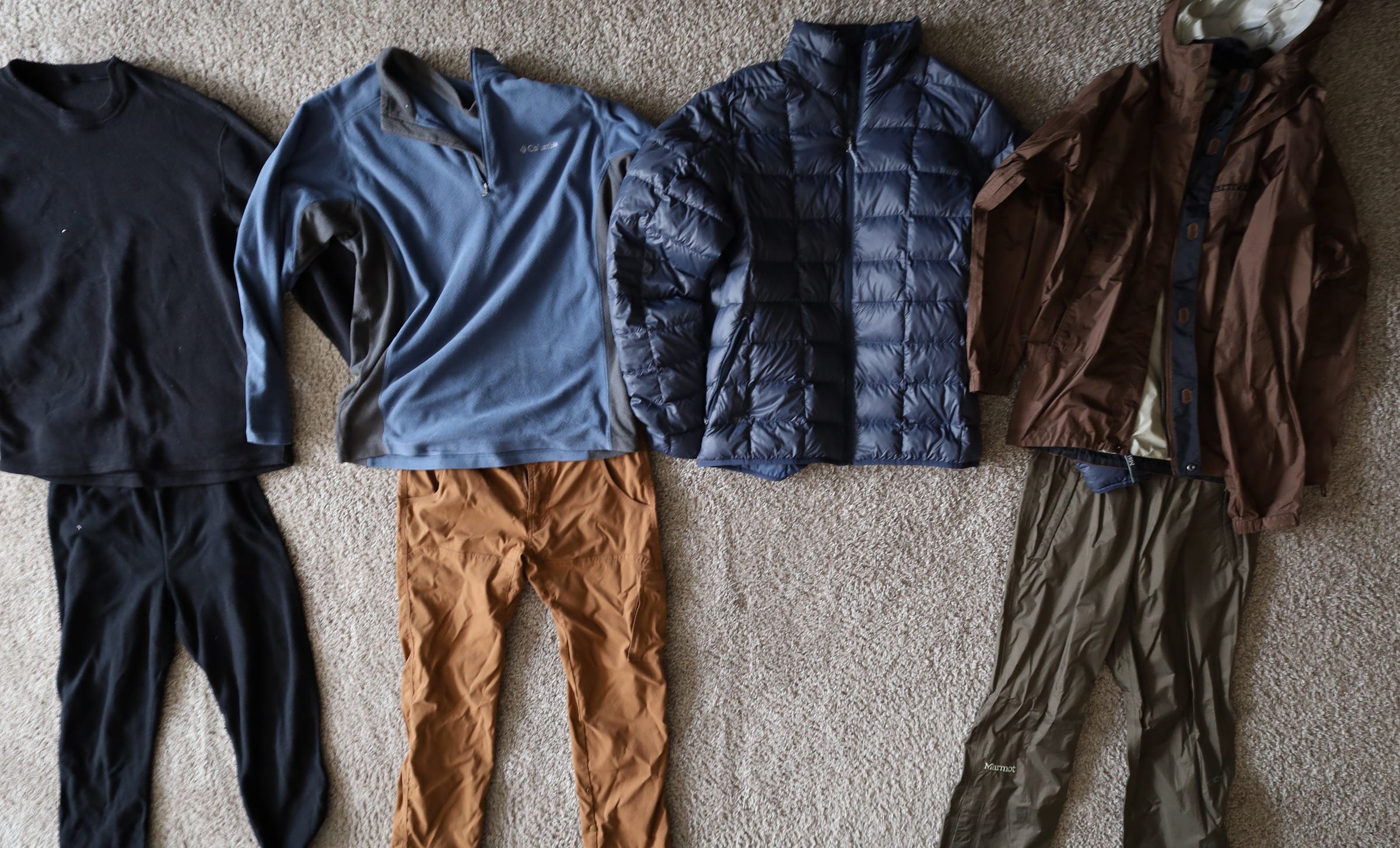 an example of four layered outfits, base, mid, insulating, and shell