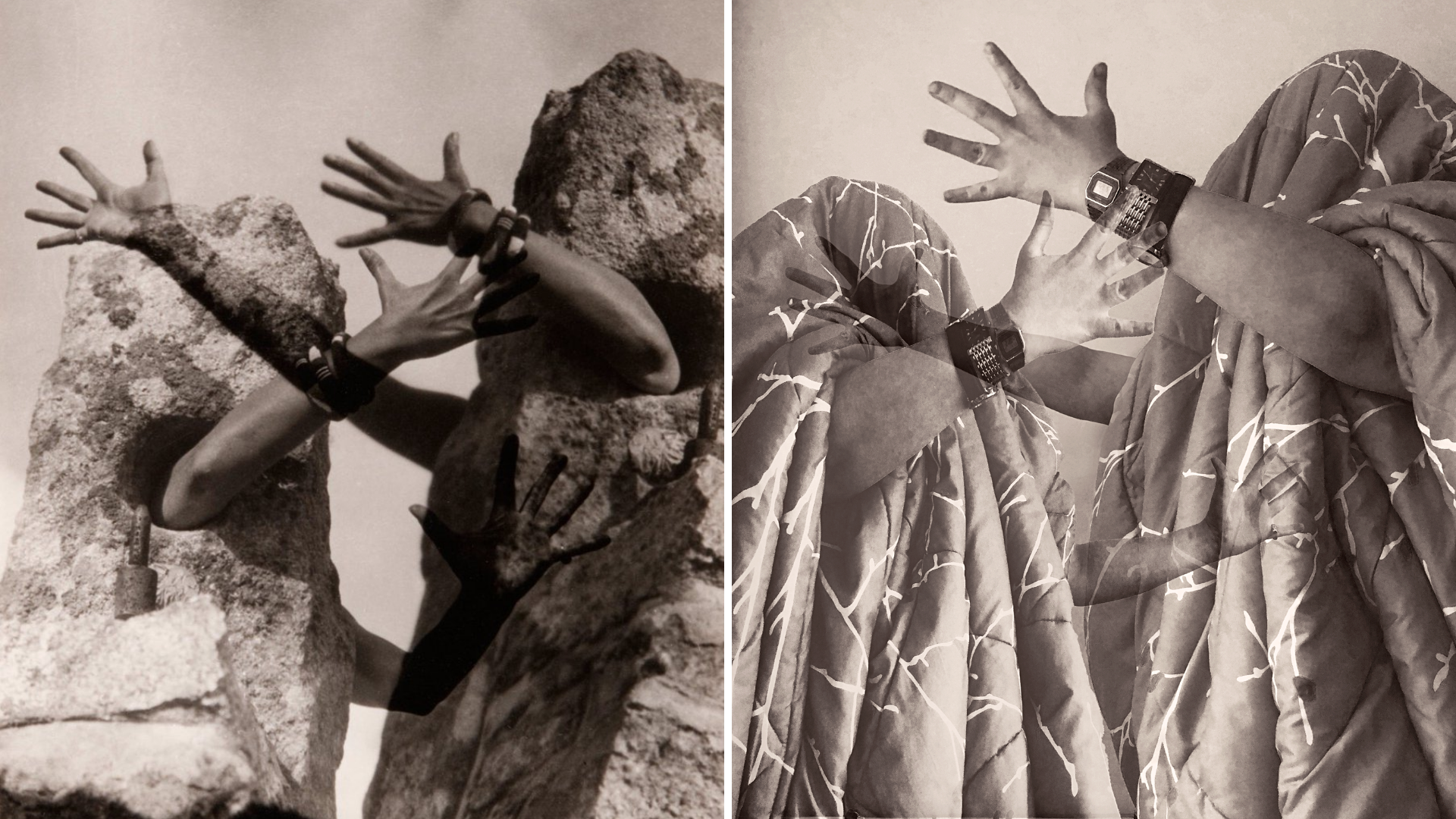 A photo of Claude with their arms through the rock, exposed over them in a similar position facing the opposite way. The rocks are reaching to each other. Another photo of Tristan in the comforter in the same pose, exposed of them facing themself. The comforters reach toward each other.