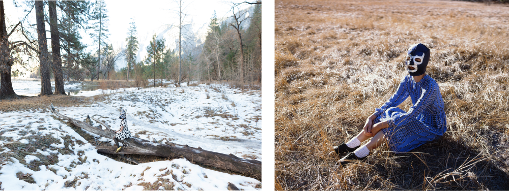 Two photos. Left shows a vast snowy landscape with a person in a polka dot dress and zebra head like luchador mask sitting on top of a large fallen tree. Right shows a person in a blue dress with a purple luchador mask sitting in a field of dead grass.