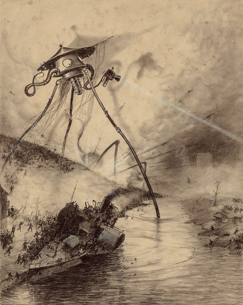 HENRIQUE ALVIM CORRÊA - Martian Fighting Machine in the Thames Valley, from The War of the Worlds, Belgium edition, 1906 (illustration from Book I- The Coming of the Martians, Chapter XIV- "In London,")