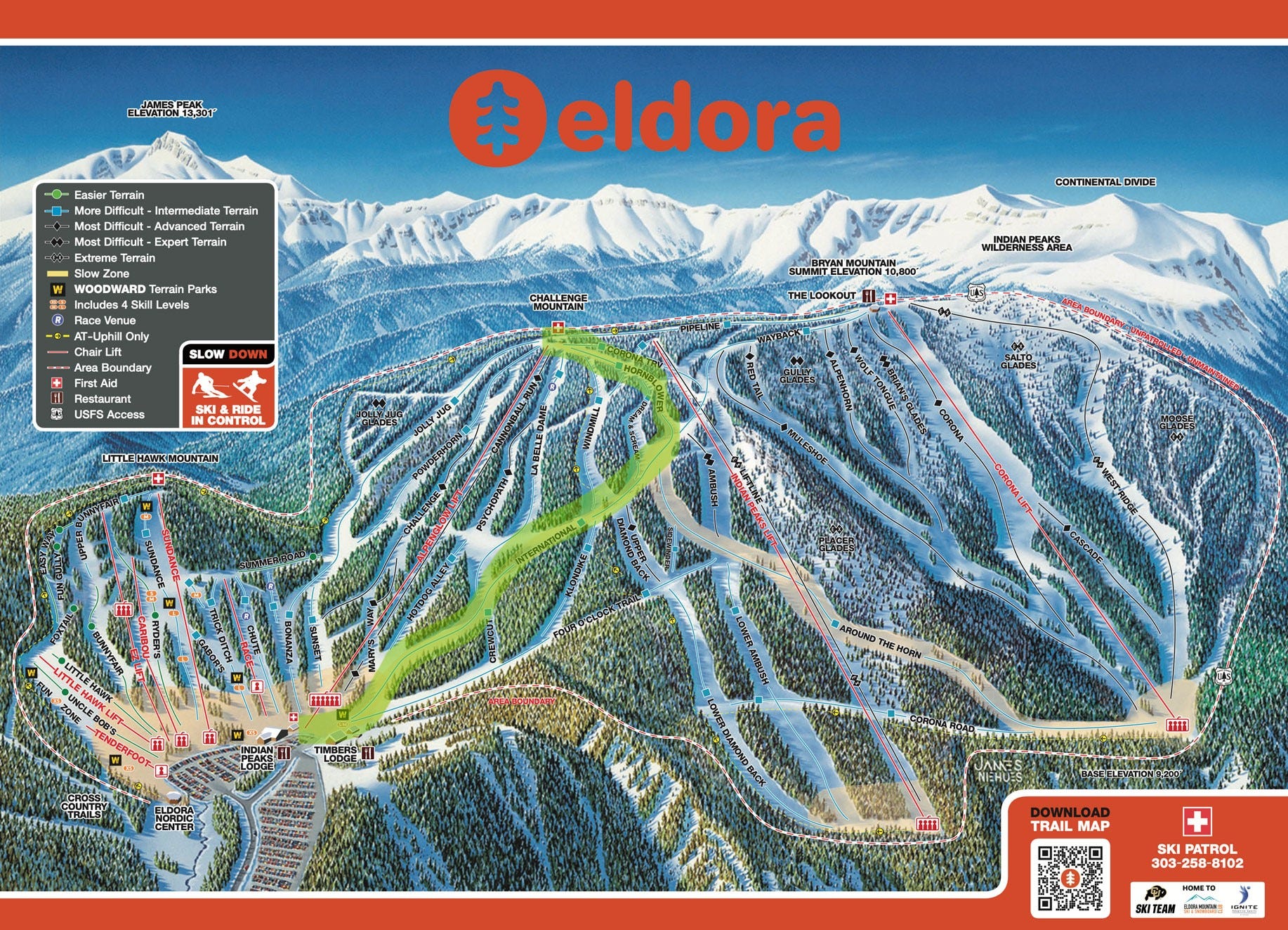 Map of Eldora, with opening day terrain highlighted in Green. That run is hornblower, into international