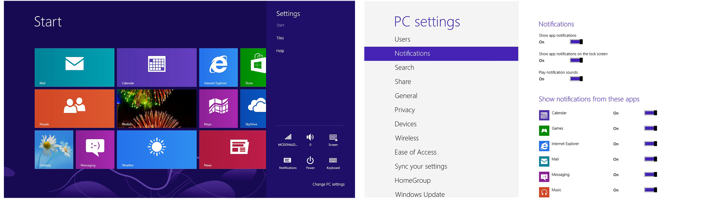 Two views of the settings. The first shows the basic settings available from the Start screen including wifi, sound, screen, keyboard, notifications, and power. there's text to tap to launch the settings app.  The settings app is shown which provides detailed settings across a broad range of configuration options. Shown are the options for Notifications.