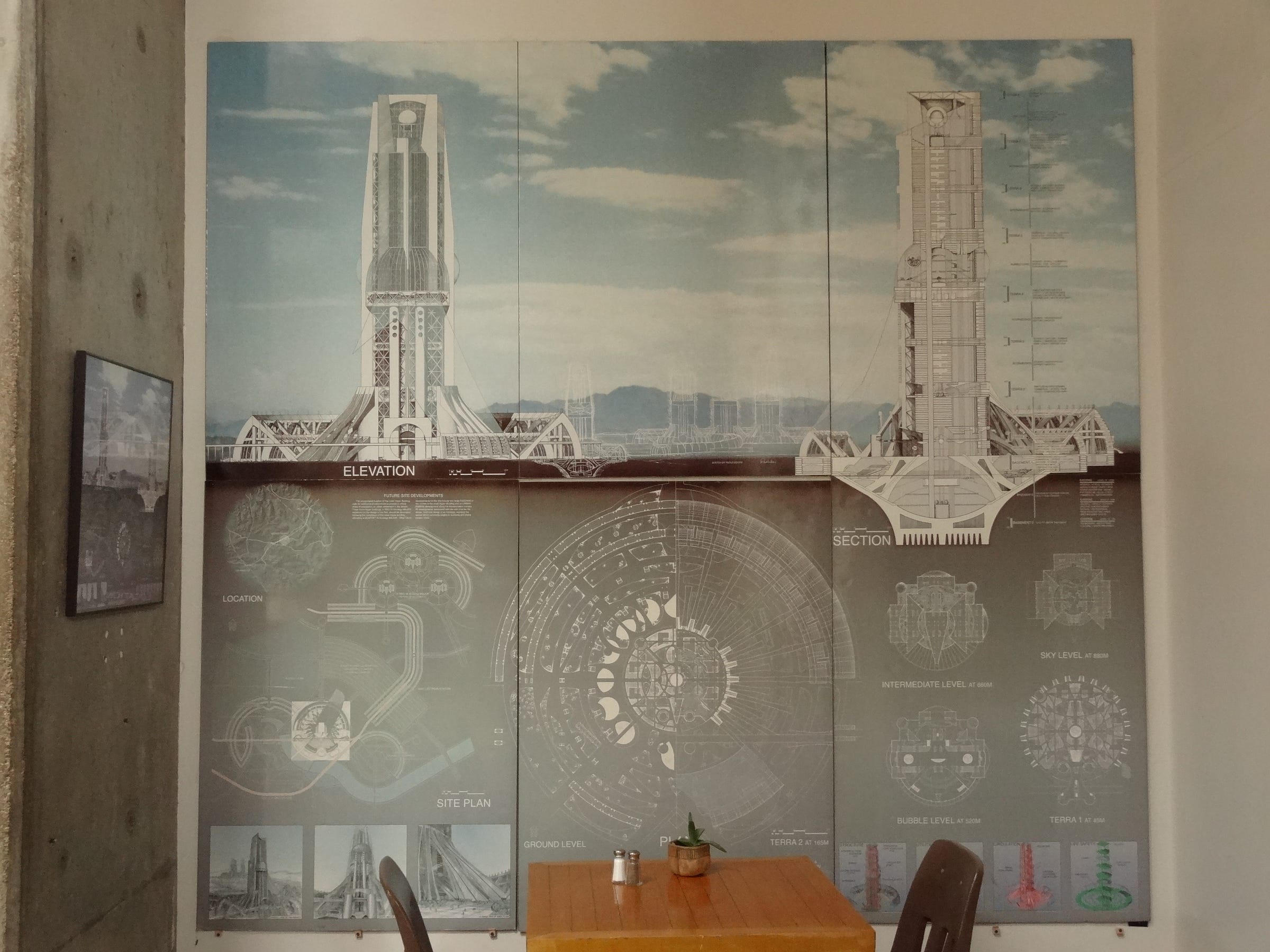 Arcosanti cafeteria with original schematic drawing in large size on the wall