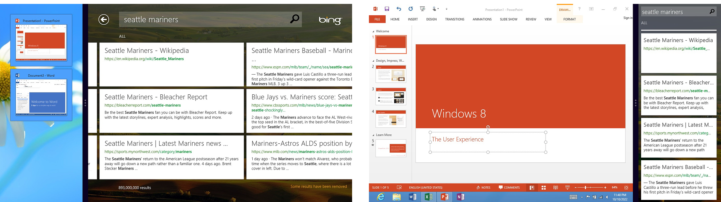 Two views of the snap feature with the desktop. One is the desktop apps are the narrow snapped app so it shows the thumbnails and the large snap is the Bing Search app. The other view is the desktop having the large snap and full powerpoint editing and the taskbar are visible. the bing app is the narrow snap.