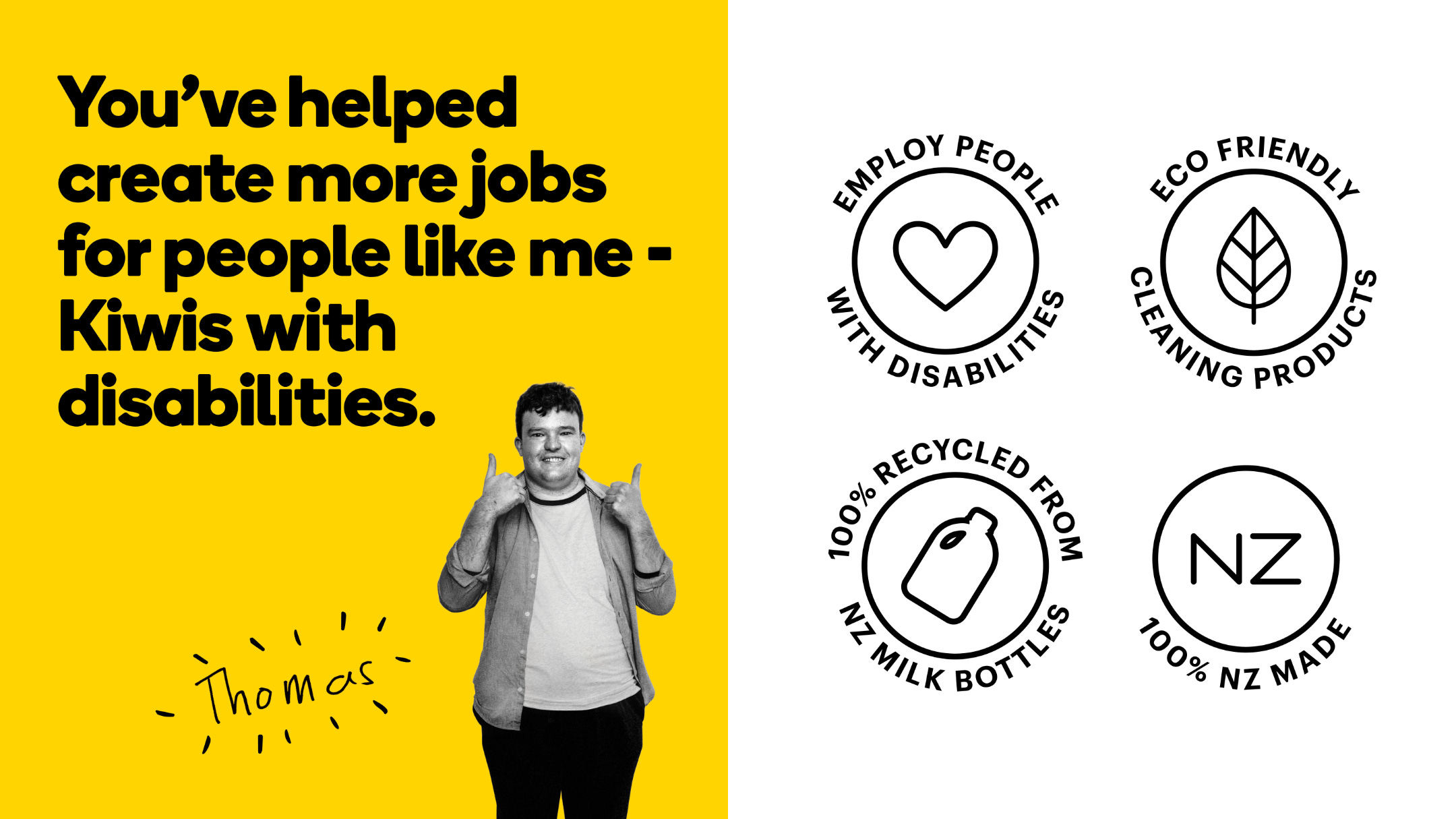 Advertisement for Will & Able featuring a black-and-white portrait of an employee named Thomas and. The left half features a yellow background and a tagline in black; the right half features four circular illustrated labels in black on a white ground