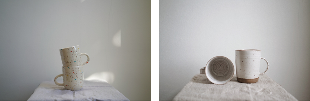 Two photos of a a confetti and subtle polka dot mug sets by Janice on a taupe tablecloth in front of an offwhite, soft light background.