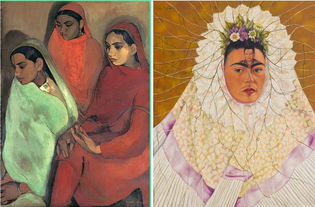 The Three Girls by Sher-Gil and Self Portrait as a Tehuana by Kahlo. Source- Wikipedia