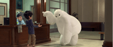  GIF of Big Hero 6 character talking midway and his battery/energy level depleting 