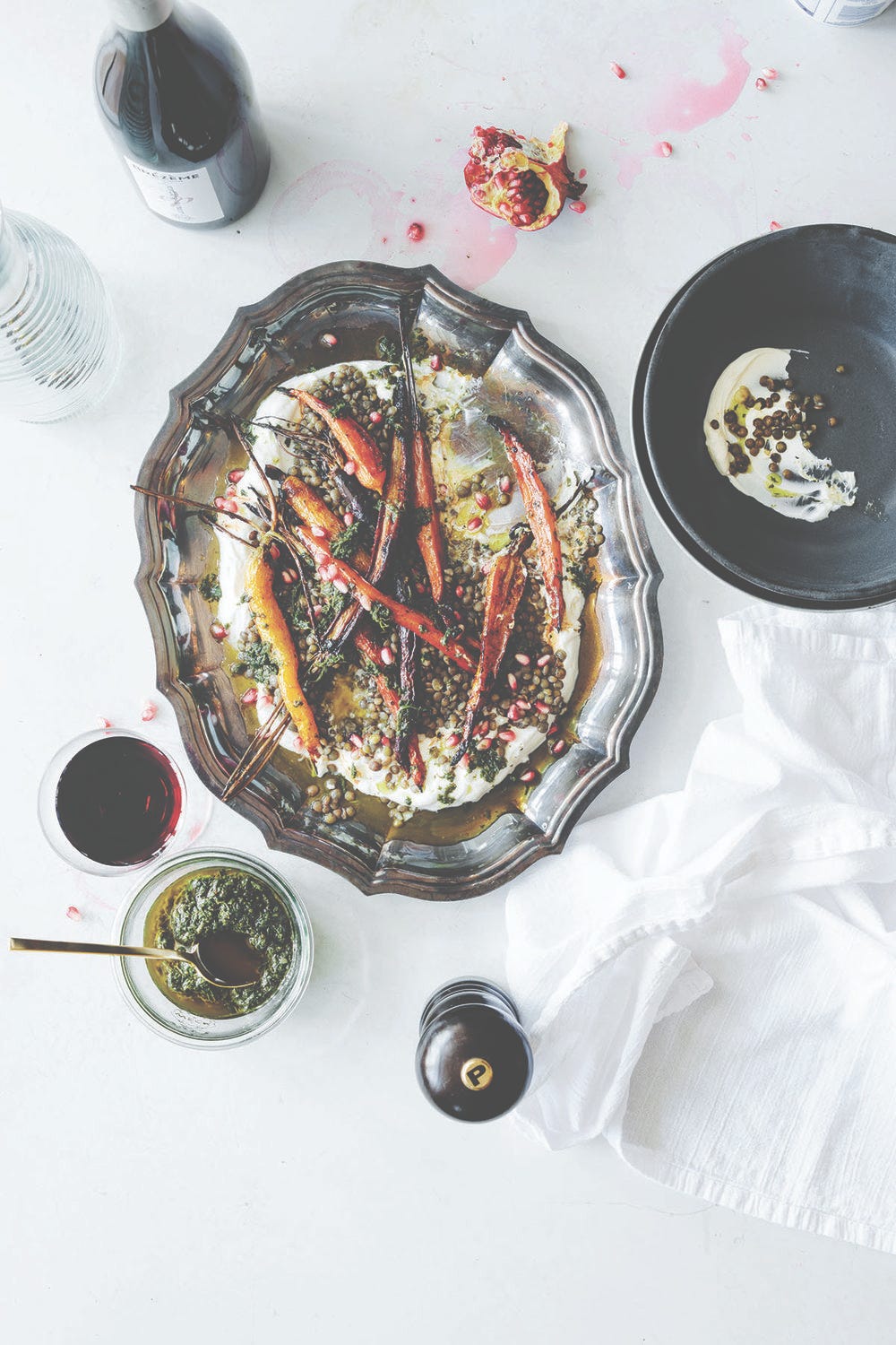 Pomergranate-Roasted Carrots with Lentils, Labneh, and Carrot-Top Zhoug