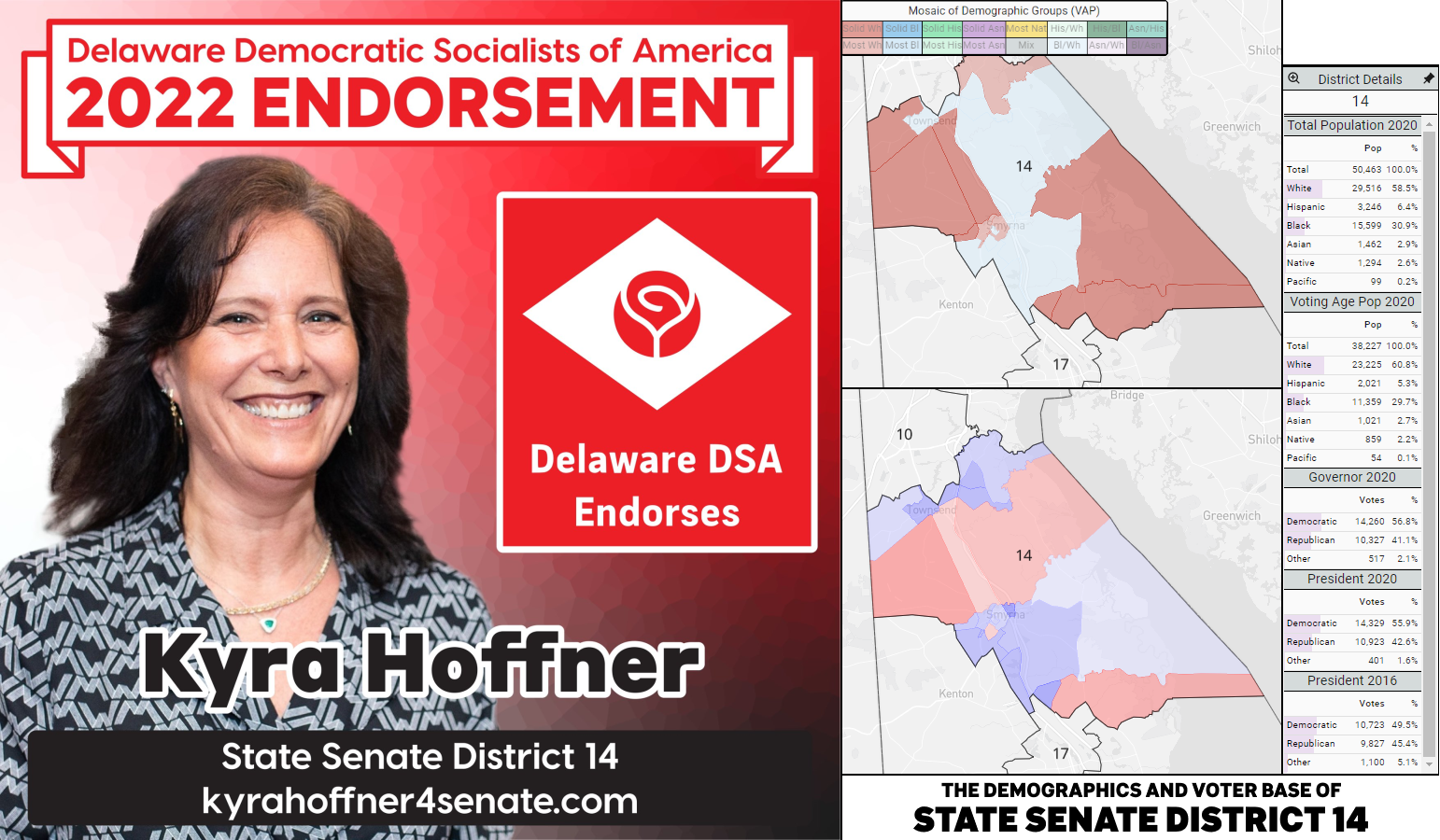Kyra Hoffner's endorsement graphic (she/her; left) and a graphic of the demographics and voting base of Senate District 14 (right).