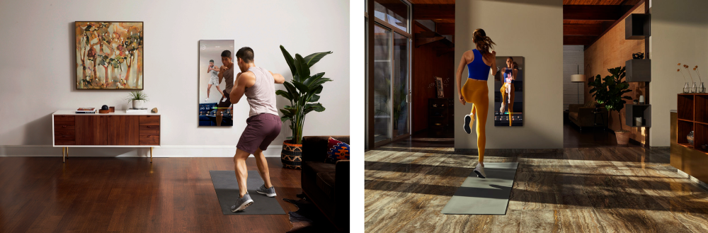 Two ads for MIRROR showing a male boxing and female in a jumping position in front of the MIRROR hardware inside a home.