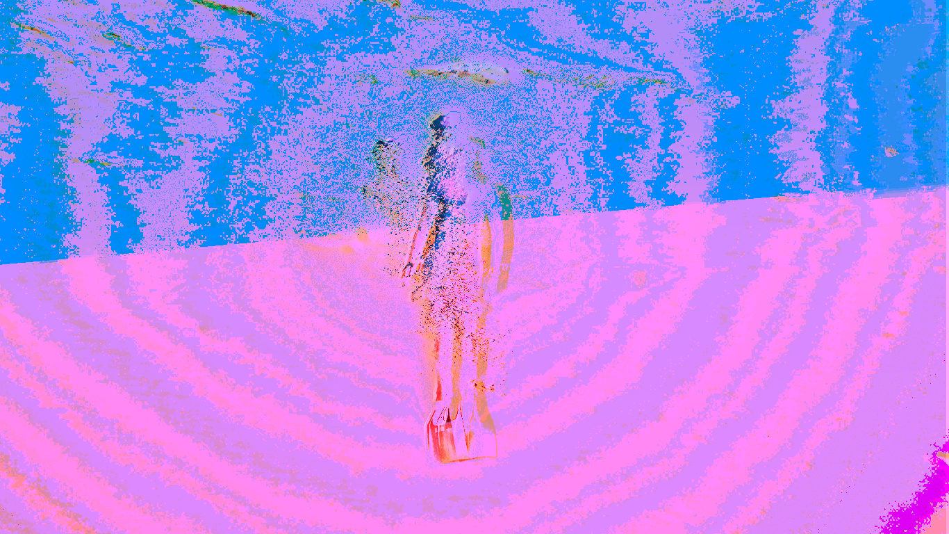abstract digital image of a figure in the middle of a wide expanse of pink and blue radial waves emanating outward, with a frenetic kind of texture that gives the viewer a sense of anxiety
