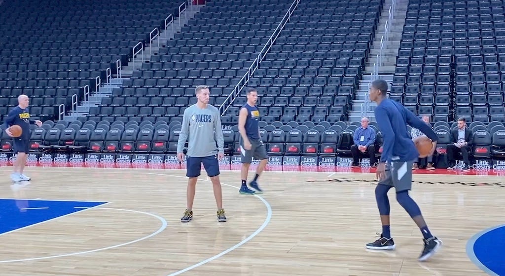Edmond Sumner works out before a Pacers game against the Detroit Pistons, his hometown team.