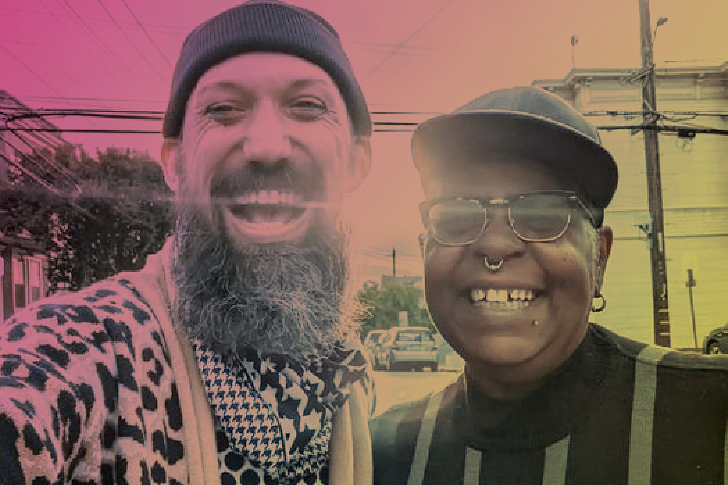 Colorized selfie of Jason Wyman and Crystal Mason smiling with the sun coming through behind them. They are wearing hats. Jason has on various patterns. Crystal has on a black and gray striped sweater.