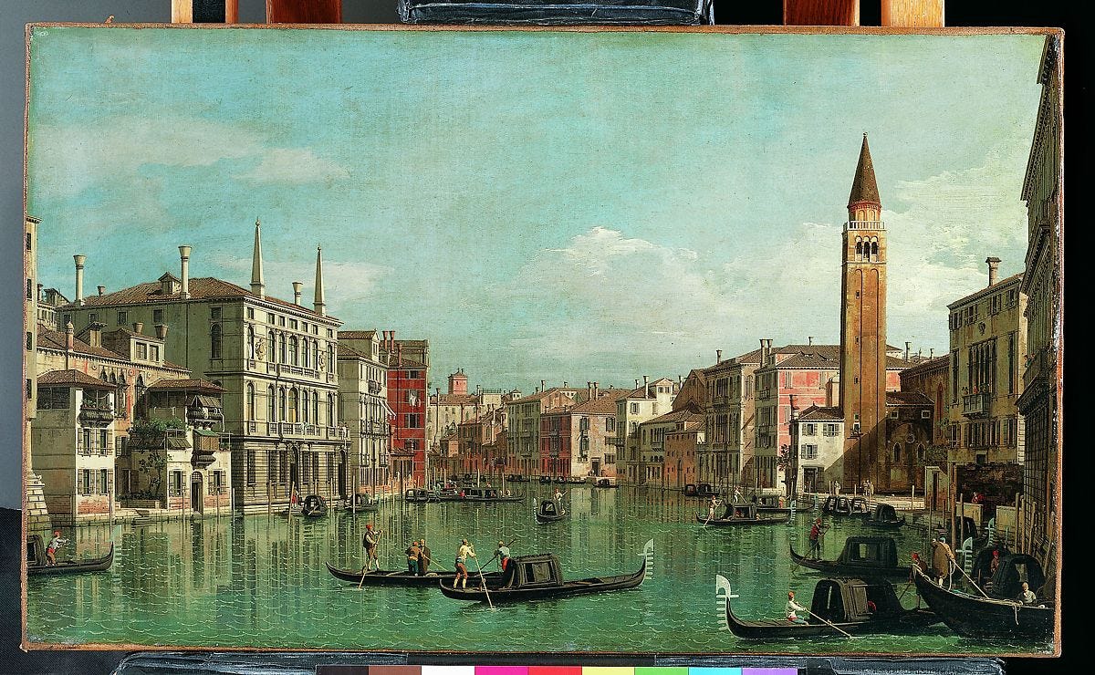 The Grand Canal, Venice, Looking Southeast, with the Campo della Carità to the Right, Canaletto (Giovanni Antonio Canal) (Italian, Venice 1697–1768 Venice), Oil on canvas 