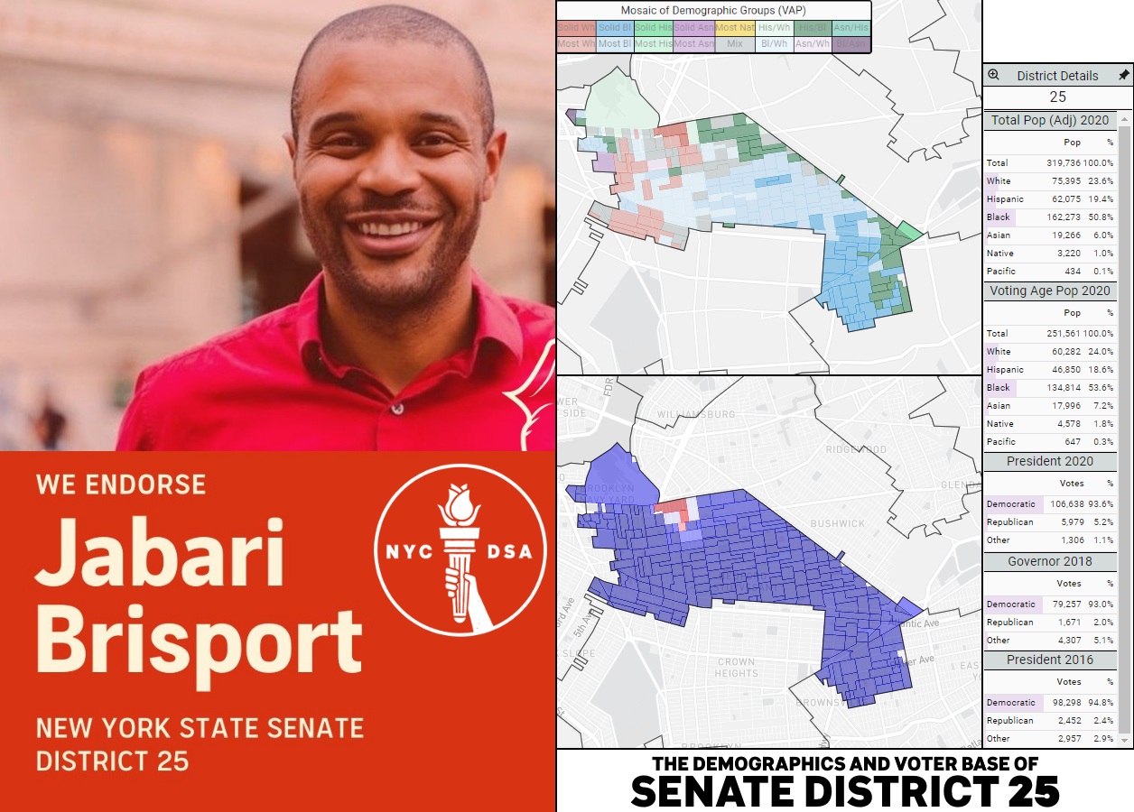 A collage of Jabari Brisport (he/him)'s endorsement poster by New York City DSA (left), and the demographics and voter base of Senate District 25 (right).