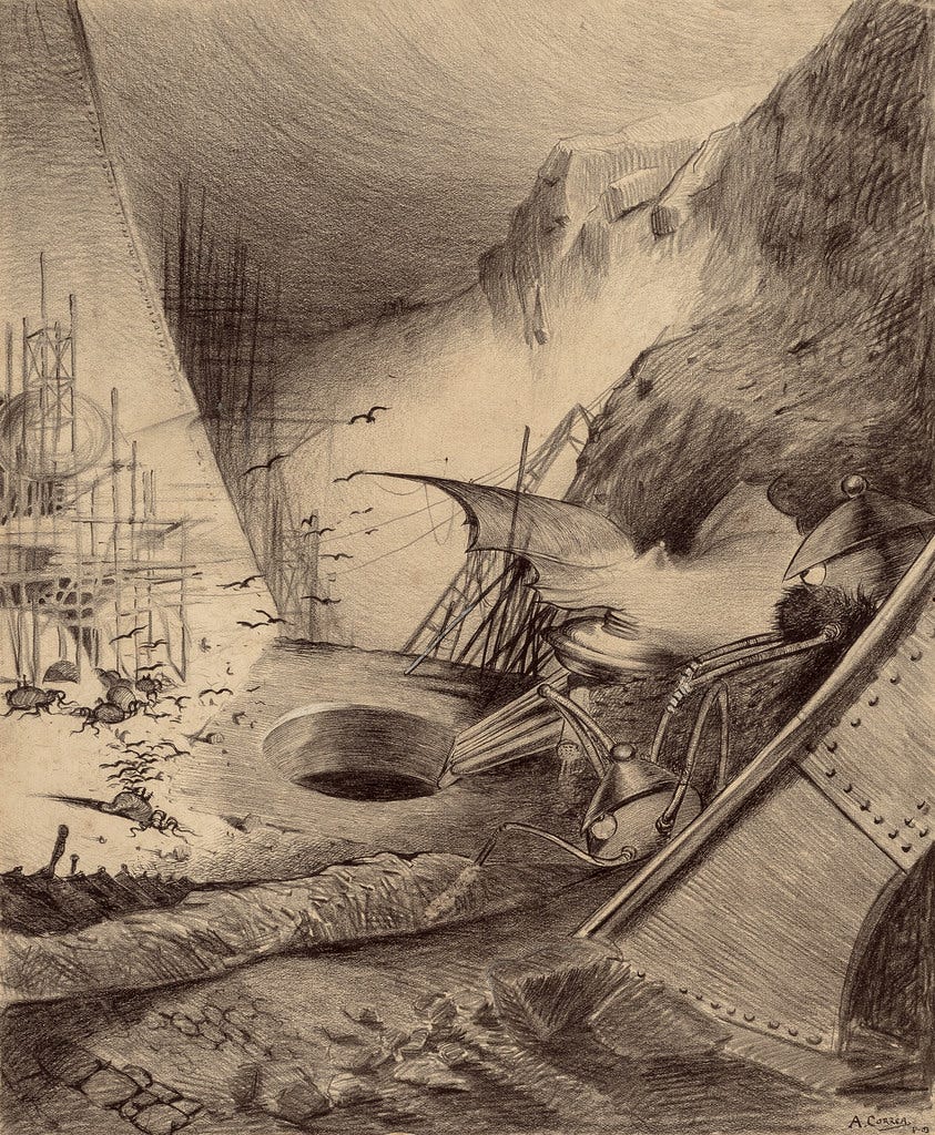 HENRIQUE ALVIM CORRÊA -Dead Martians, from The War of the Worlds, Belgium edition, 1906 (illustration from Book II - The Earth Under the Martians, Chapter IX - "Wreckage,")