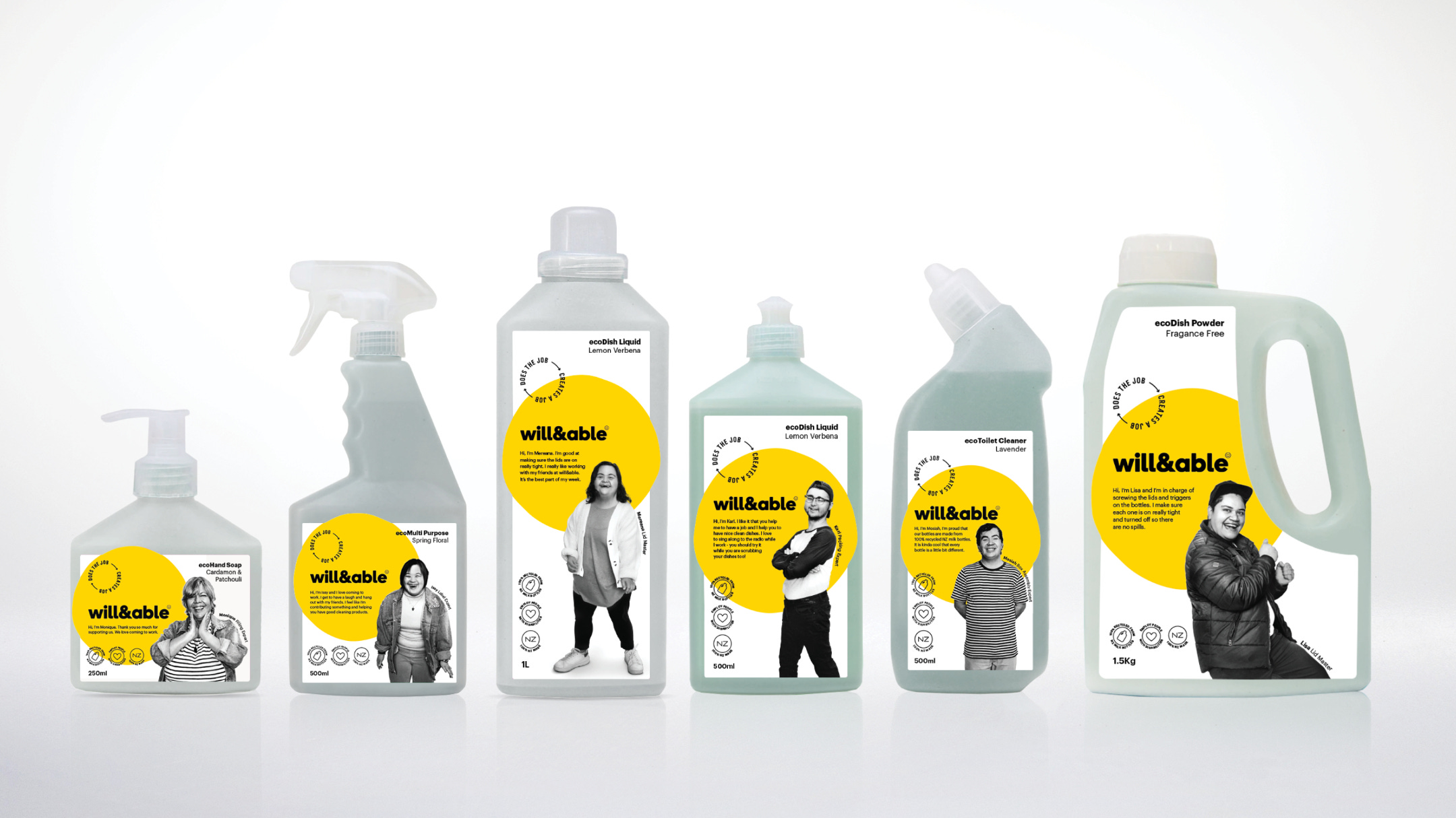 Six bottles of cleaning products produced by Will & Able; each label features a large yellow circle, friendly sans-serif black type, and a black-and-white portrait of one of the company's differently abled employees