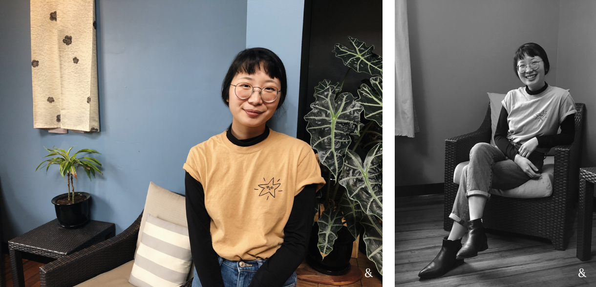 Two photos of Tiffany side by side. On the left, she poses in front of a blue wall. On the right, a black and white full body portrait where she is sitting in her chair.
