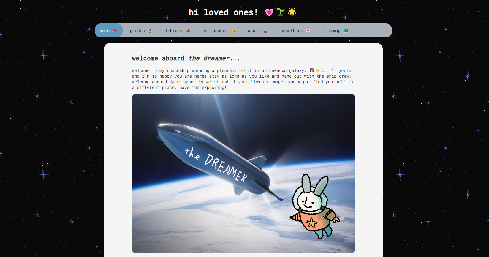 a screenshot of my website noodledesk, which mimics a spaceship. there is a navigation menu and the title at the top says hi loved ones. there is a drawing of a bunny in an astronaut suit floating next to a spaceship.