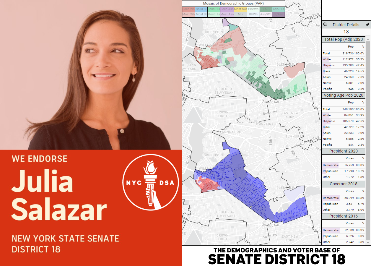 A collage of Julia Salazar (she/her)'s endorsement poster by New York City DSA (left), and the demographics and voter base of Senate District 18 (right).