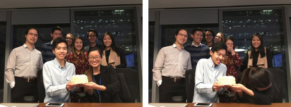 Two photos of the same group with Jason and friend holding a cake and a few more people behind them smiling and laughing.