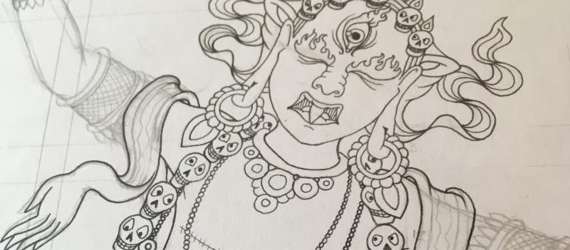 In progress up-close photo of my Thangka line drawing of the protector deity Ekajati.
