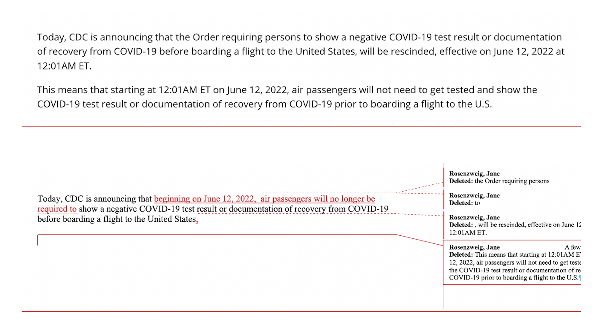 Edited version: Today, CDC is announcing that beginning on June 12, 2022, air passengers will no longer be required to show a negative COVID-19 test result or documentation of recordy from COVID-19 before boarding a flight to the United States.