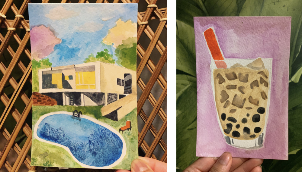 Two photos of Dana's watercolor painted. Left is a reinterpretation of a moden home with a swimming pool in front. Right is a painting of bubble tea.