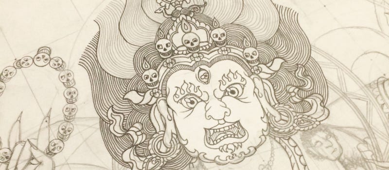 In progress up-close photo of my Thangka line drawing of the protector deity Mahakala. This is the six-armed depiction.