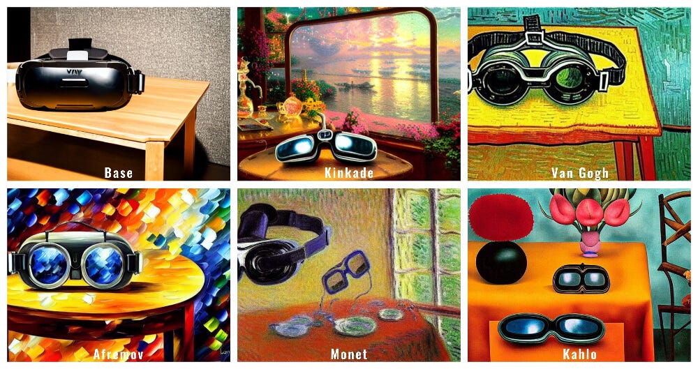 A collage of AI-generated images of VR goggles on a table painted in the style of different artists