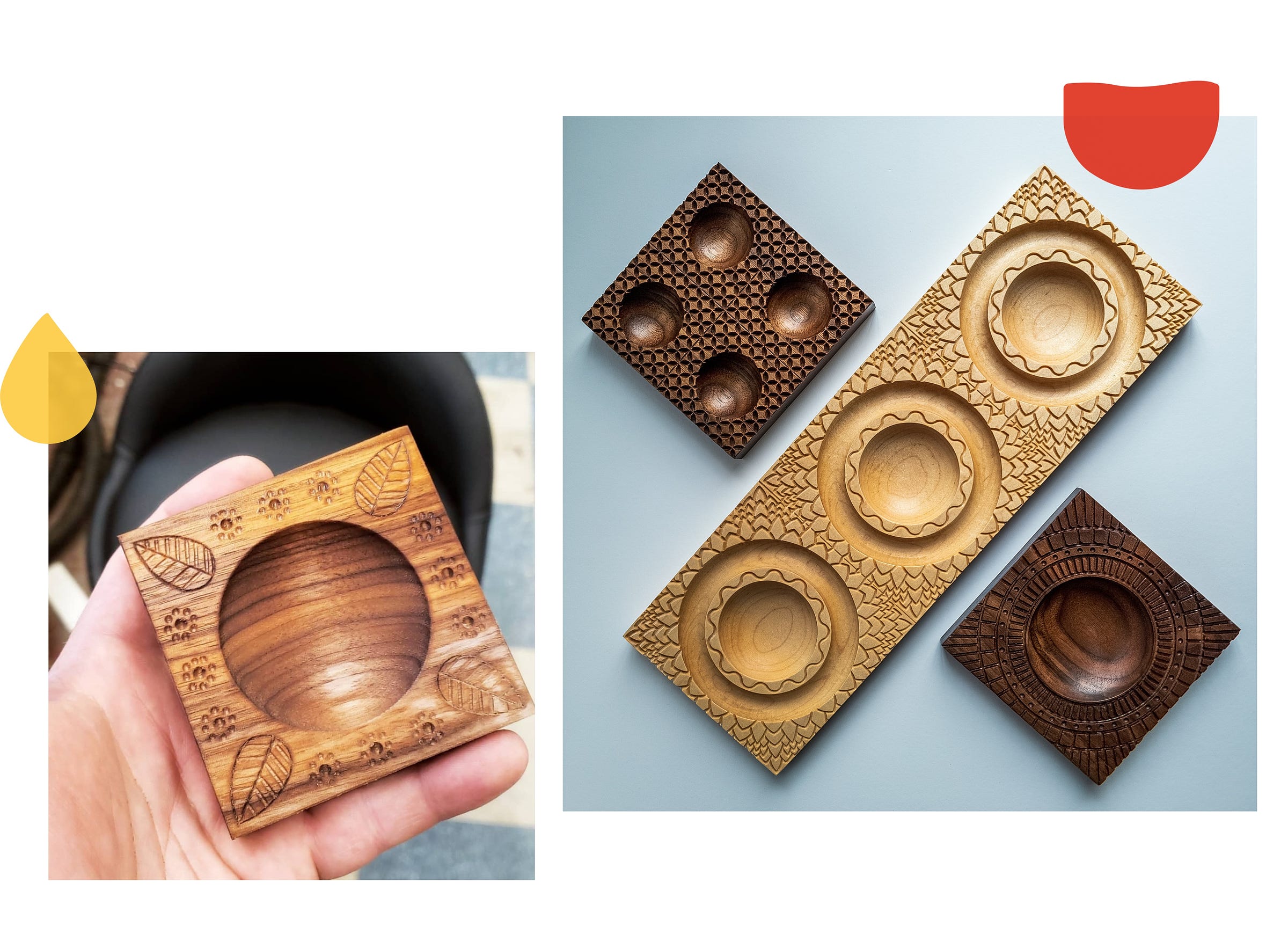 Two images, side by side, of carved woodwn ravioli molds with lots of intricate detailing
