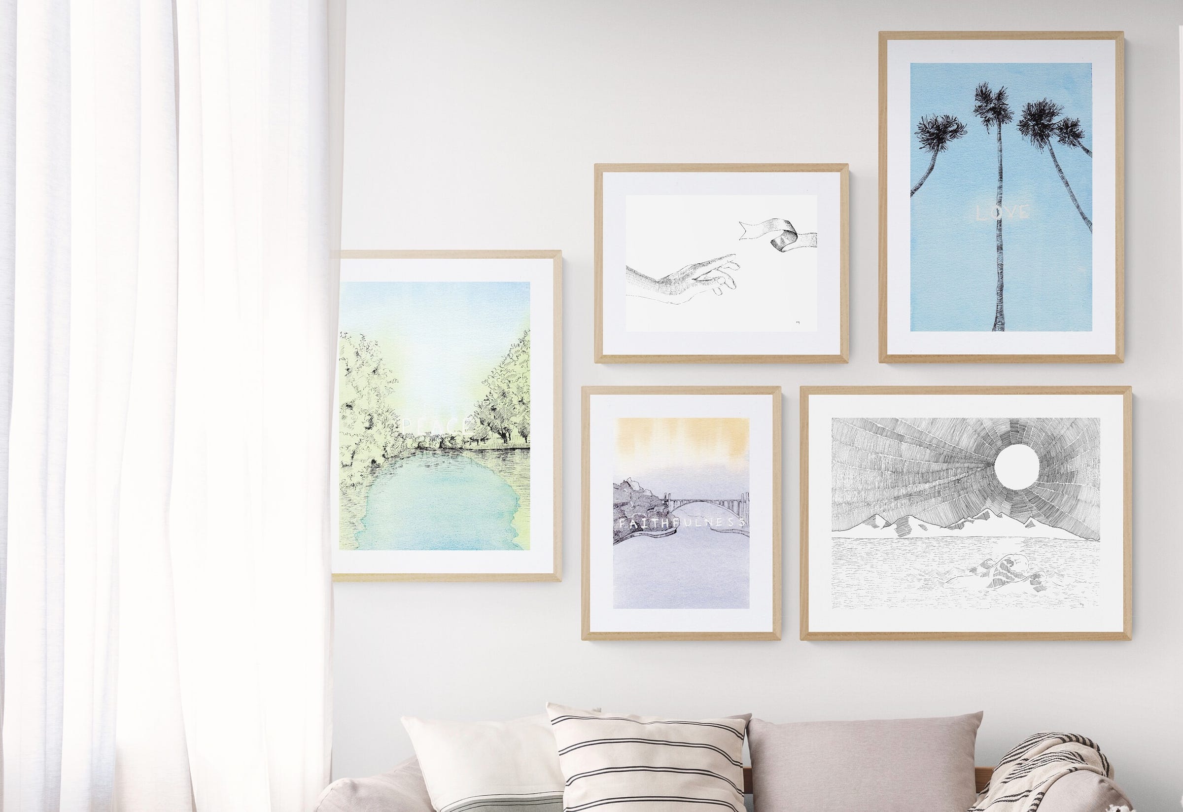 image: a peaceful looking living room area with five framed line art and watercolour artworks from melindayeoh.com