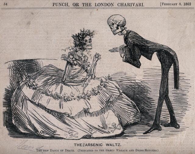 <p>The previous week, the chemist A.W. Hoffman had published an article 'The dance of death' in The times, 1 February 1862, in which he disseminated the finding that green dresses, wreaths, and artificial flowers, made with copper arsenite or coppper acetoarsenite (Scheele's green, Paris green), were toxic </p>