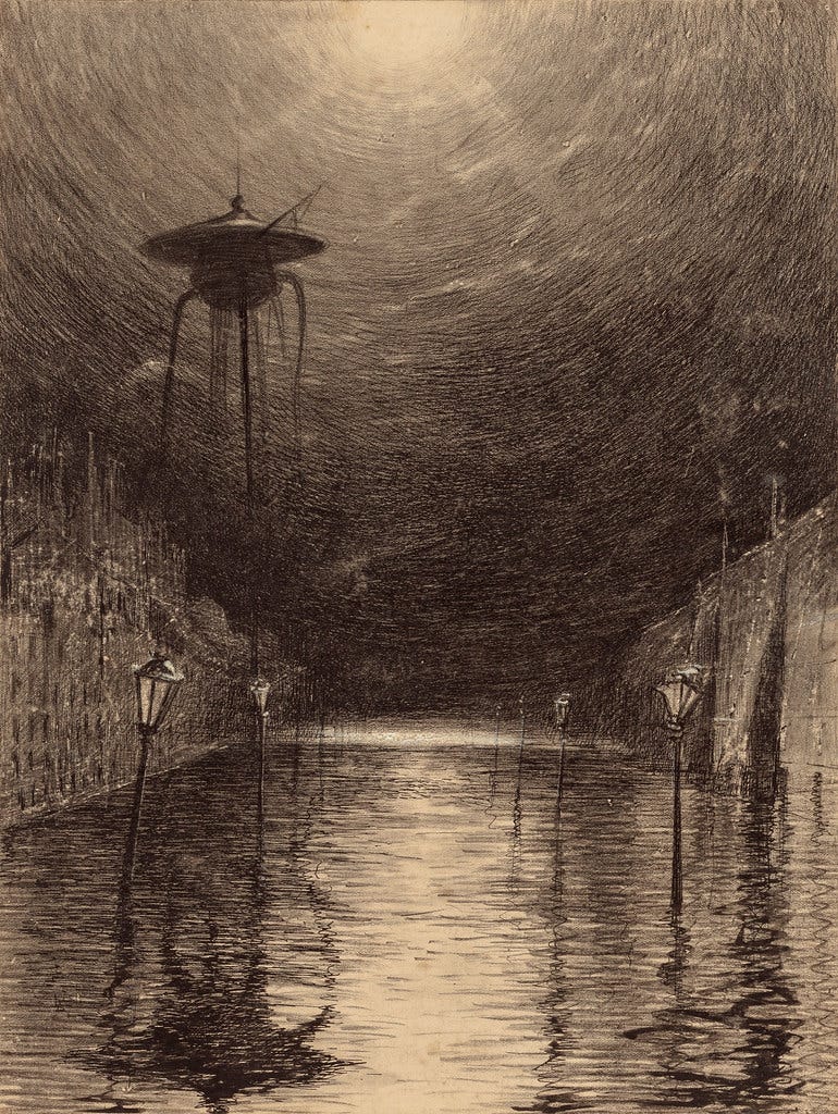 HENRIQUE ALVIM CORRÊA -Martian Machine Over the Thames, from The War of the Worlds, Belgium edition, 1906 (illustration from Book II- The Earth Under the Martians, Chapter VII- "The Man on Putney Hill,")