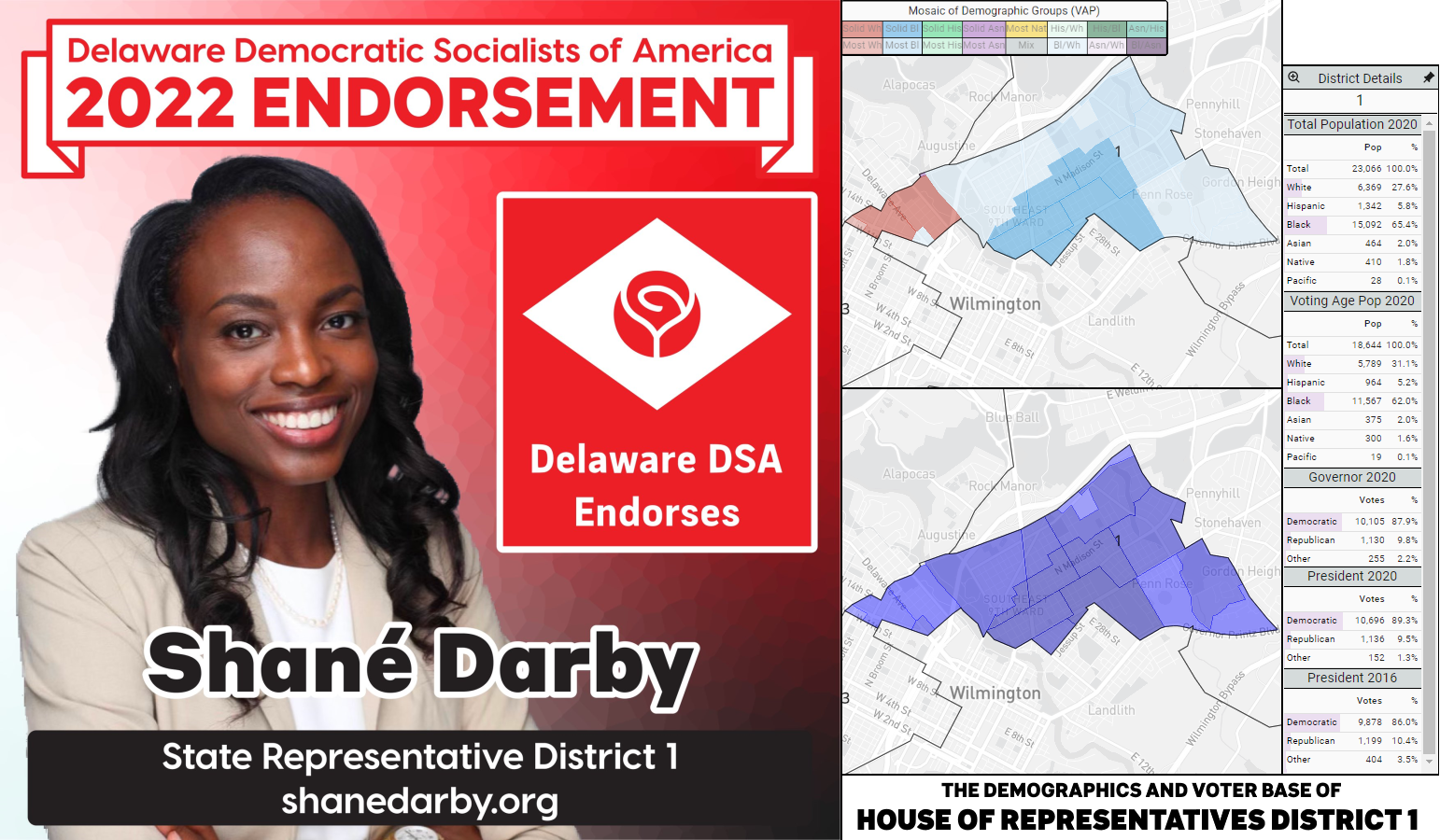 Shané Darby's endorsement graphic (she/her; left) and a graphic of the demographics and voting base of House District 1 (right).