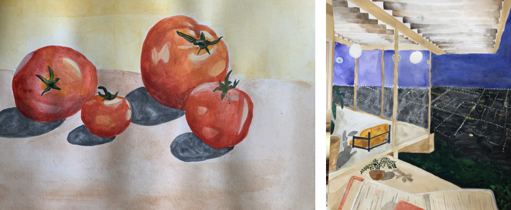 Two paintings, left shows still life of tomatoes and right is a reinterpretation of a Julias Shulman photo peering into a glass house and city lights.