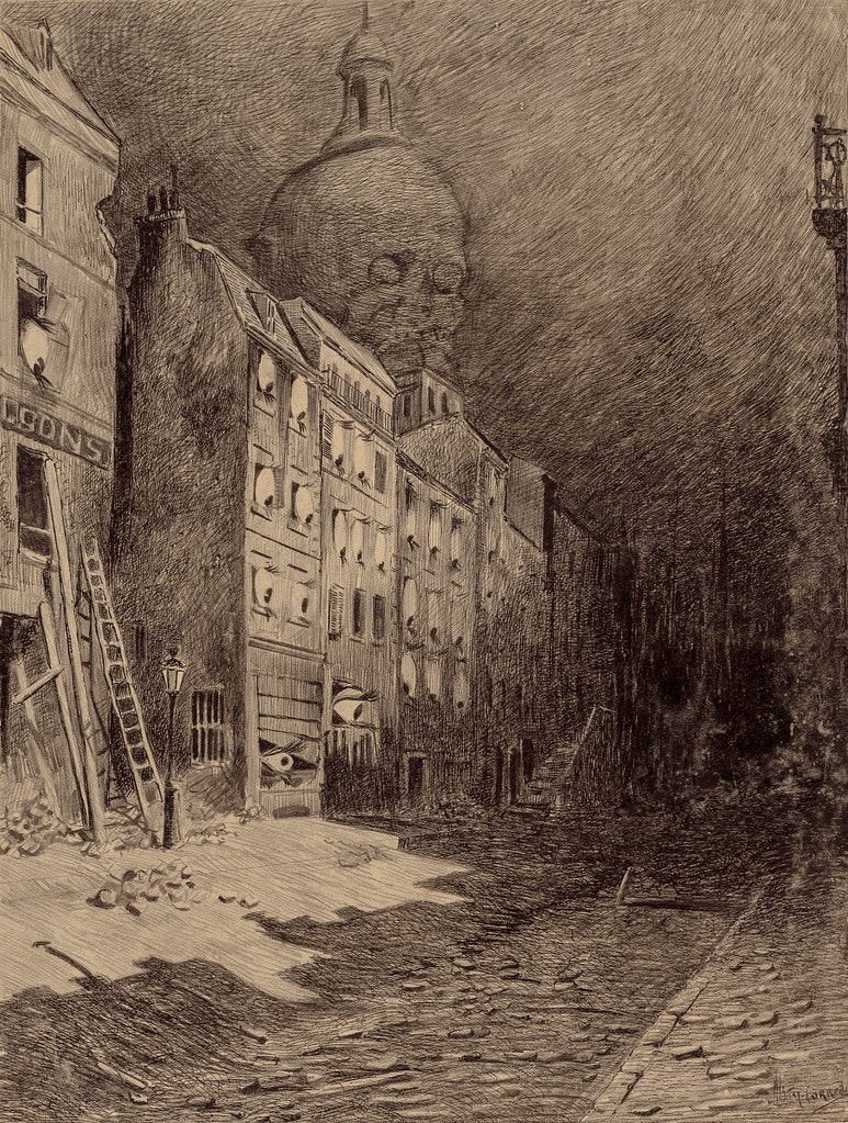 HENRIQUE ALVIM CORRÊA - Abandoned London, from The War of the Worlds, Belgium edition, 1906 (illustration from Book II - The Earth Under the Martians, Chapter IX - "Wreckage,")