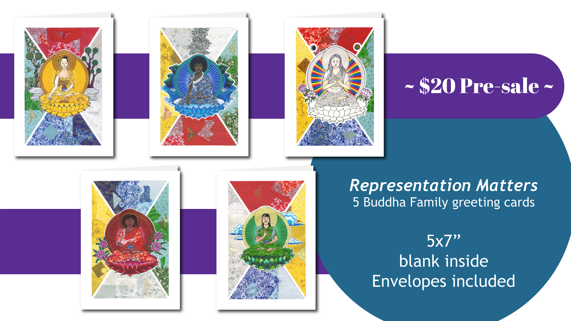 Mock-up image of five greeting cards featuring vibrant mix-media Thangkas of the Five Buddha Families in non-male form. Details on the pre-sale are in the body of this post. 