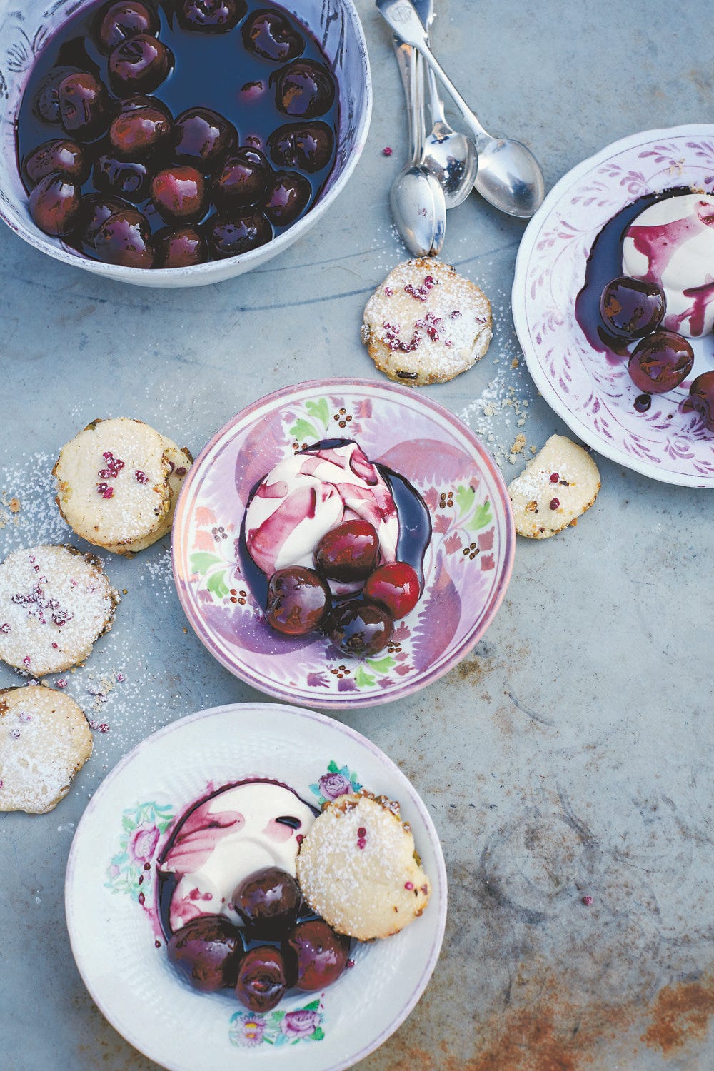 Cherries in Wine with Cardamom Cream & Rose Pistachio Shortbread
